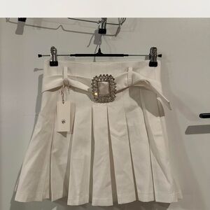 Chic Cream Pleated Mini Skirt with Embellished Belt
